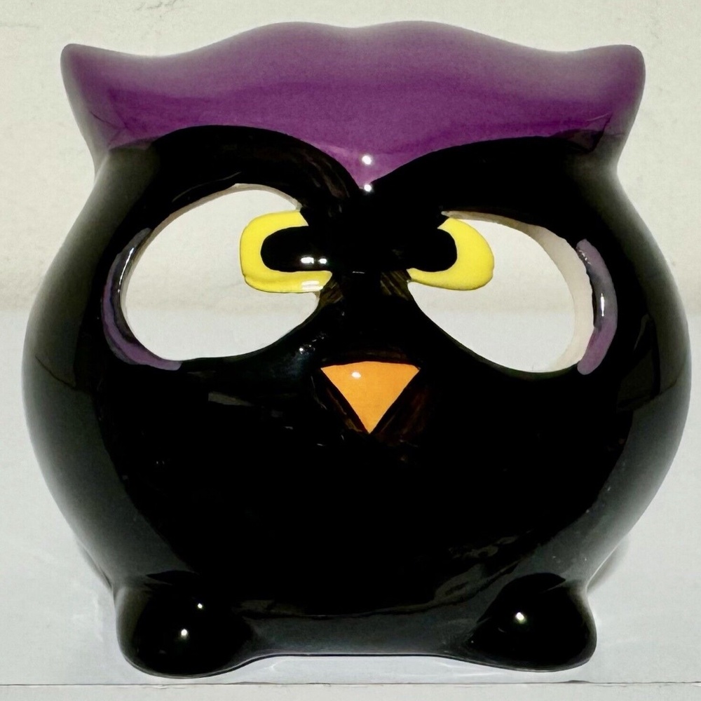 Vintage Ceramic Halloween Owl Tea Light Holder NEW NOS Black Purple Wal-Mart